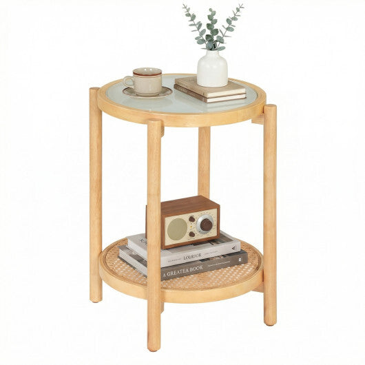 Round Side Table 2-Tier Boho End Table with Tempered Glass Top-Natural W2B
