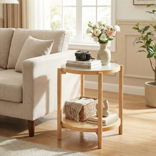 Round Side Table 2-Tier Boho End Table with Tempered Glass Top-Natural W2B