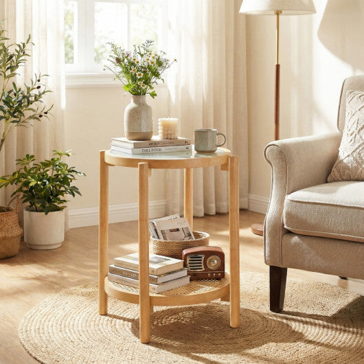 Round Side Table 2-Tier Boho End Table with Tempered Glass Top-Natural W2B