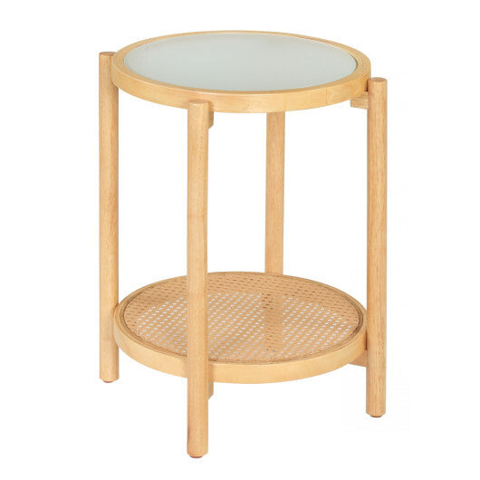 Round Side Table 2-Tier Boho End Table with Tempered Glass Top-Natural W2B