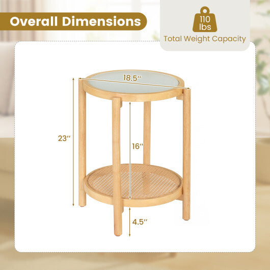 Round Side Table 2-Tier Boho End Table with Tempered Glass Top-Natural W2B