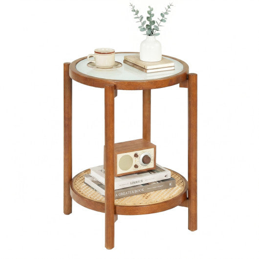 Round Side Table 2-Tier Boho End Table with Tempered Glass Top-Natural W2B