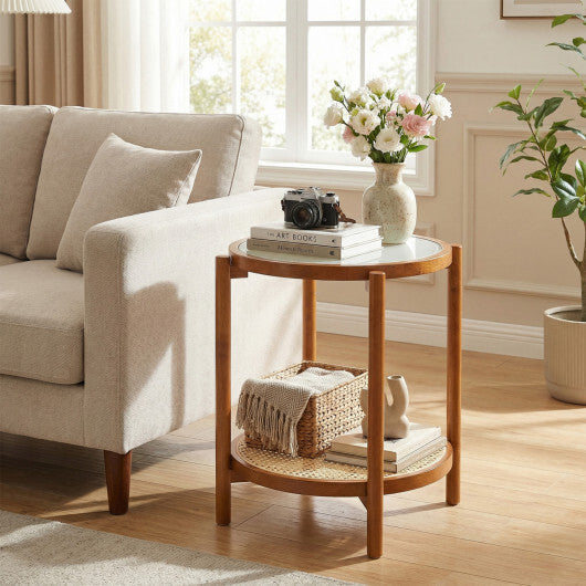 Round Side Table 2-Tier Boho End Table with Tempered Glass Top-Natural W2B