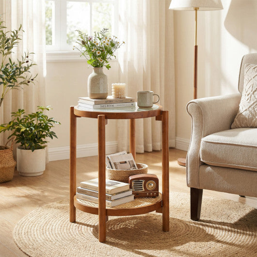 Round Side Table 2-Tier Boho End Table with Tempered Glass Top-Natural W2B