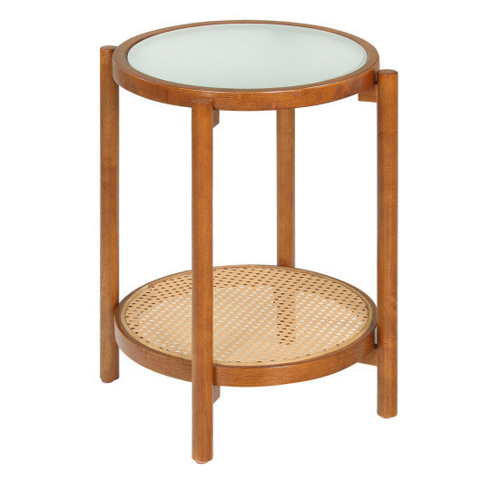 Round Side Table 2-Tier Boho End Table with Tempered Glass Top-Natural W2B