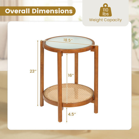 Round Side Table 2-Tier Boho End Table with Tempered Glass Top-Natural W2B