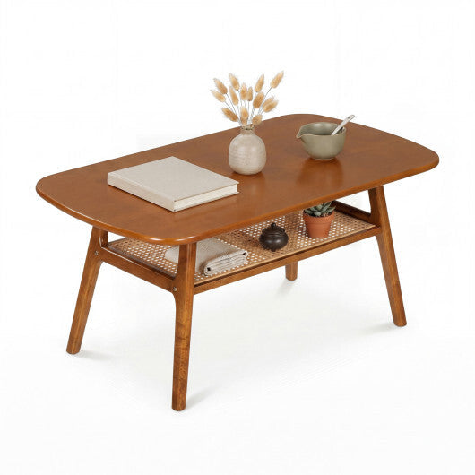 2-Tier Boho Rattan Coffee Table with Rounded Corners-Walnut W2B