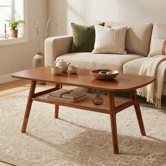2-Tier Boho Rattan Coffee Table with Rounded Corners-Walnut W2B