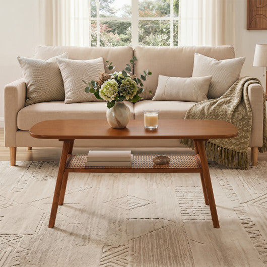 2-Tier Boho Rattan Coffee Table with Rounded Corners-Walnut W2B