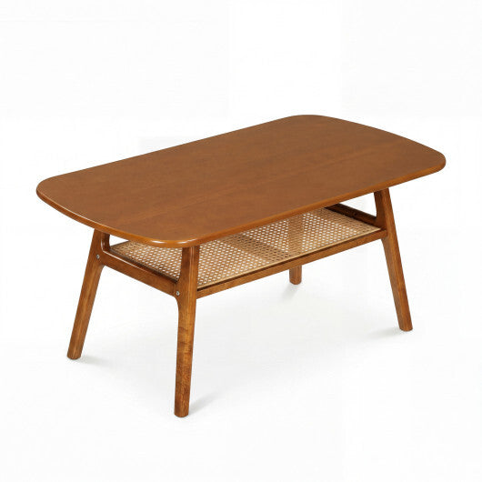 2-Tier Boho Rattan Coffee Table with Rounded Corners-Walnut W2B