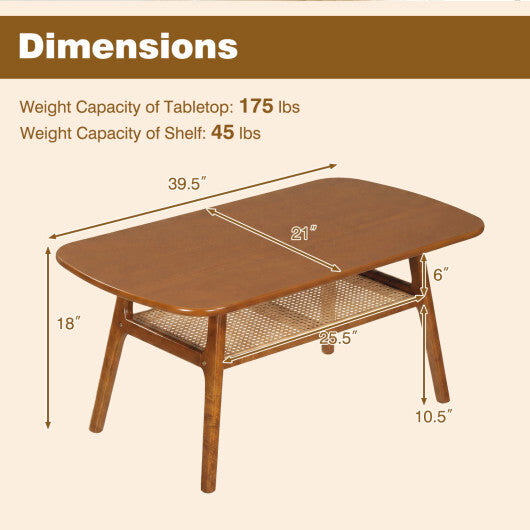2-Tier Boho Rattan Coffee Table with Rounded Corners-Walnut W2B