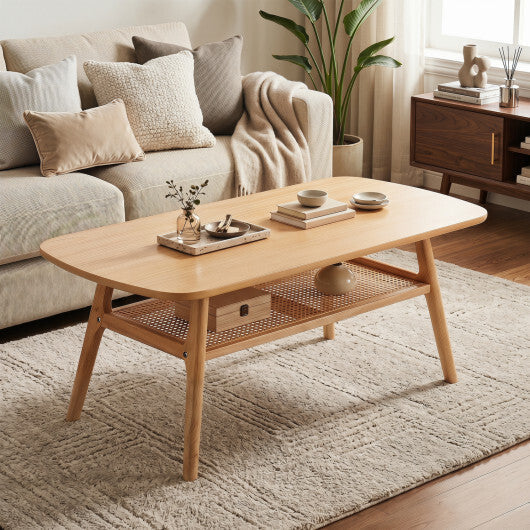 2-Tier Boho Rattan Coffee Table with Rounded Corners-Walnut W2B
