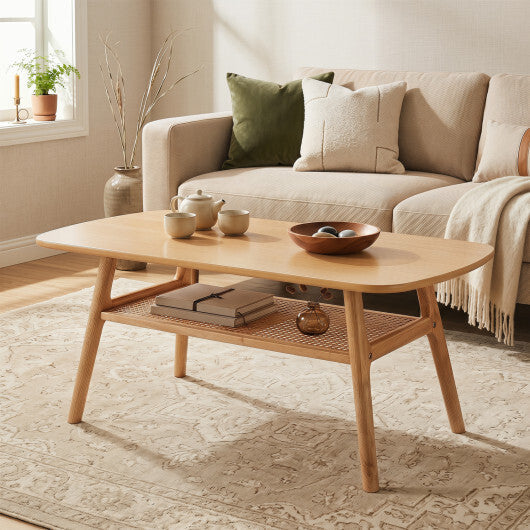 2-Tier Boho Rattan Coffee Table with Rounded Corners-Walnut W2B