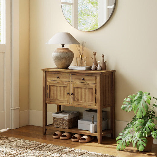 Mid-Century Console Table Wood Coffee Bar Buffet Sideboard with 2 Drawers-Walnut
