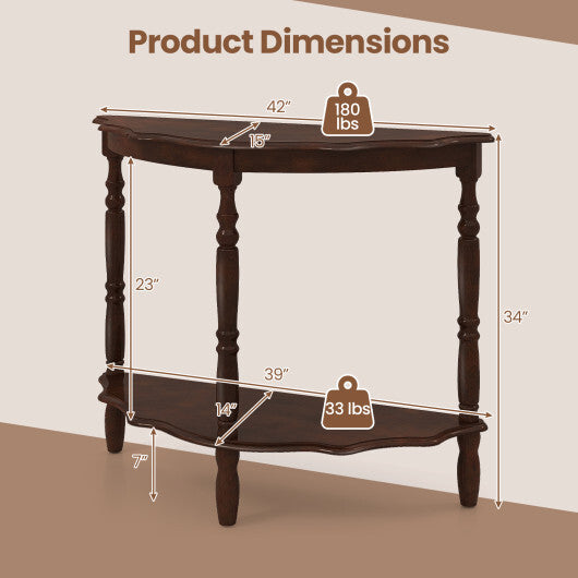 42 Inch Half Moon Console Table with Shelf and Rubber Wood Legs-Espresso W2B