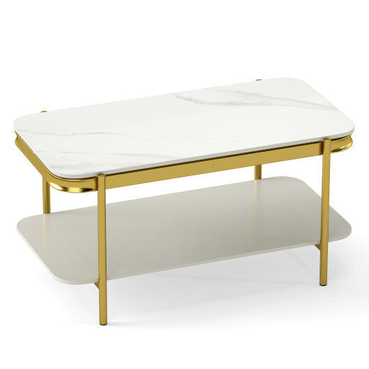 2-Tier Modern Rectangular Coffee Table with Sintered Stone Top-White W2B