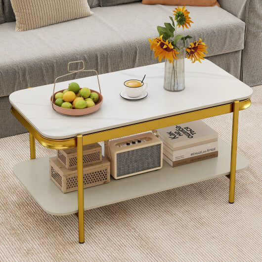 2-Tier Modern Rectangular Coffee Table with Sintered Stone Top-White W2B