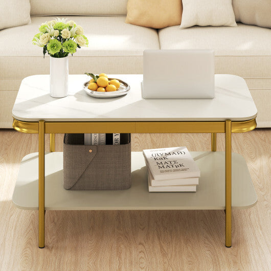 2-Tier Modern Rectangular Coffee Table with Sintered Stone Top-White W2B