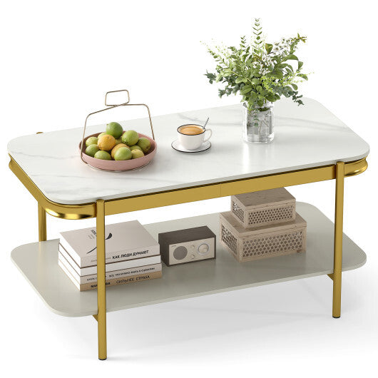 2-Tier Modern Rectangular Coffee Table with Sintered Stone Top-White W2B