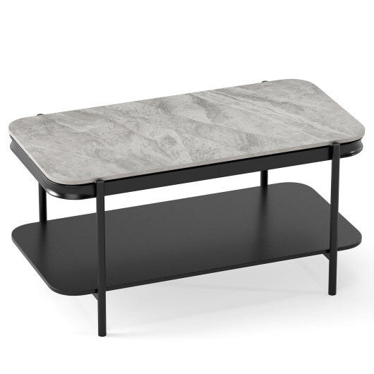 2-Tier Modern Rectangular Coffee Table with Sintered Stone Top-White W2B