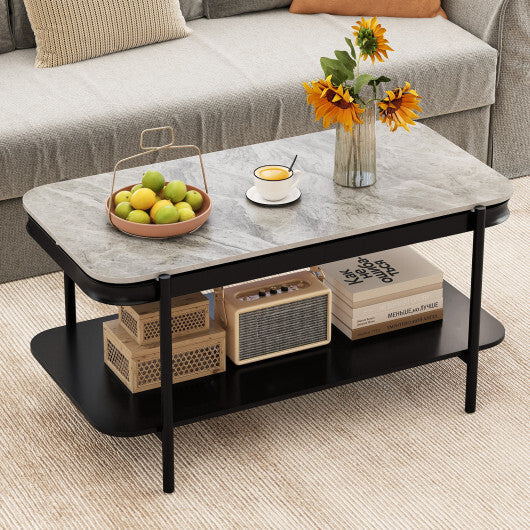 2-Tier Modern Rectangular Coffee Table with Sintered Stone Top-White W2B