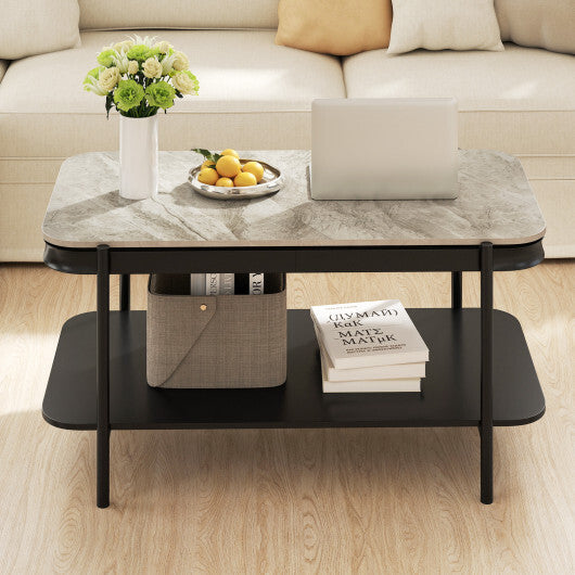 2-Tier Modern Rectangular Coffee Table with Sintered Stone Top-White W2B