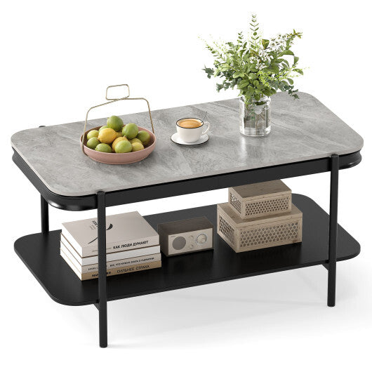2-Tier Modern Rectangular Coffee Table with Sintered Stone Top-White W2B