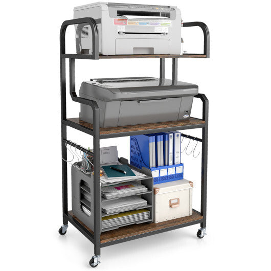 3-Tier Rolling Printer Stand Home Office Large Printer Cart with Storage Shelves-Rustic Brown W2B