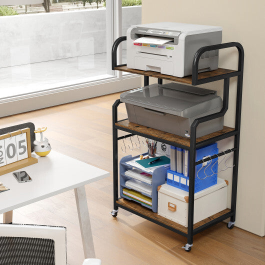 3-Tier Rolling Printer Stand Home Office Large Printer Cart with Storage Shelves-Rustic Brown W2B