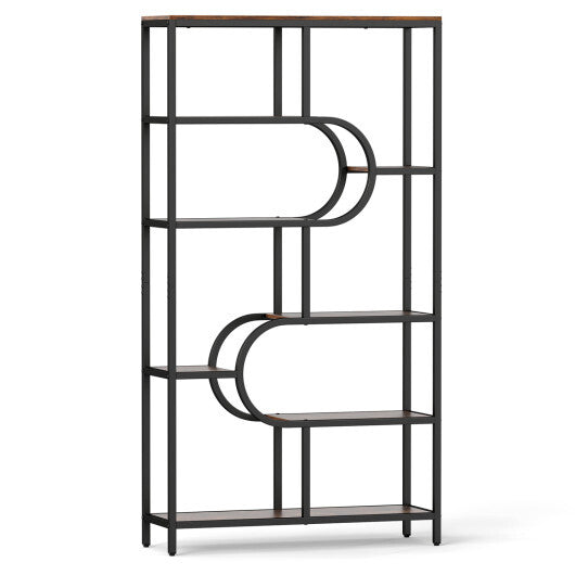 5-Tier Bookshelf Tall Etagere Bookcase with Open Storage Shelves and U Shape-Rustic Brown W2B