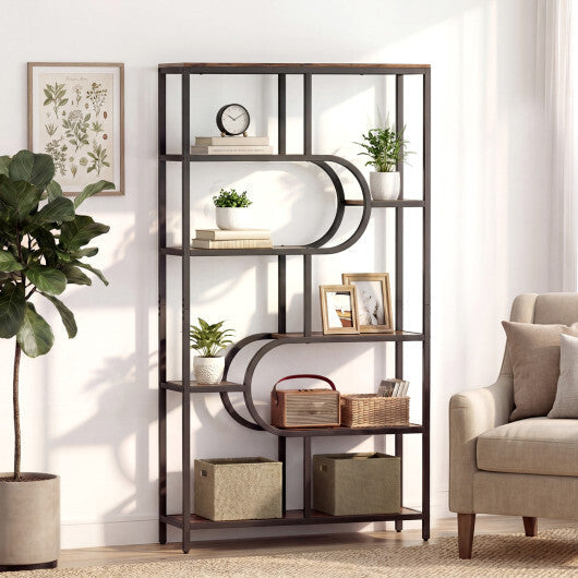 5-Tier Bookshelf Tall Etagere Bookcase with Open Storage Shelves and U Shape-Rustic Brown W2B