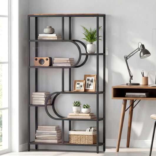 5-Tier Bookshelf Tall Etagere Bookcase with Open Storage Shelves and U Shape-Rustic Brown W2B