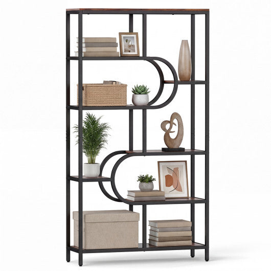 5-Tier Bookshelf Tall Etagere Bookcase with Open Storage Shelves and U Shape-Rustic Brown W2B