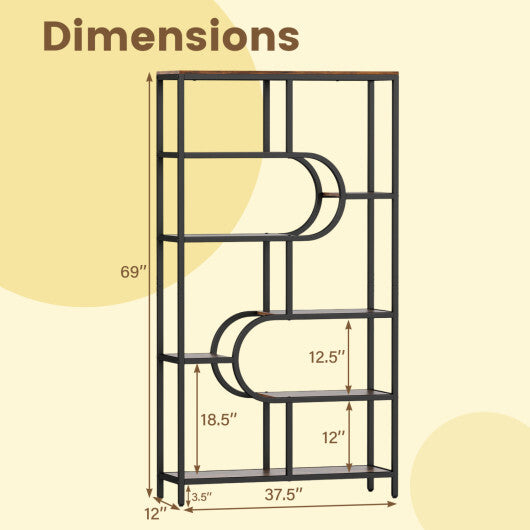 5-Tier Bookshelf Tall Etagere Bookcase with Open Storage Shelves and U Shape-Rustic Brown W2B