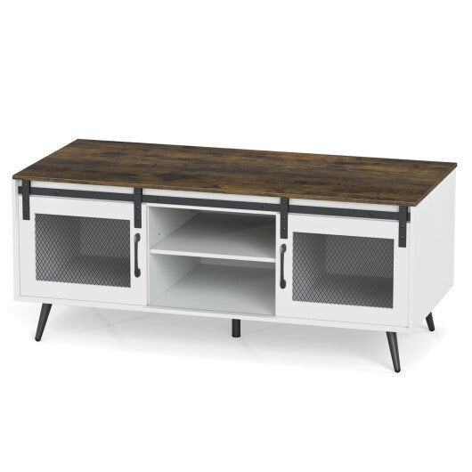 Farmhouse Coffee Table with Sliding Doors Rectangular with Adjustable Shelf-Rustic Brown W2B