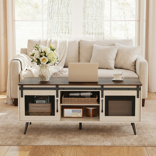Farmhouse Coffee Table with Sliding Doors Rectangular with Adjustable Shelf-Rustic Brown W2B
