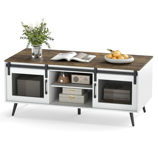 Farmhouse Coffee Table with Sliding Doors Rectangular with Adjustable Shelf-Rustic Brown W2B