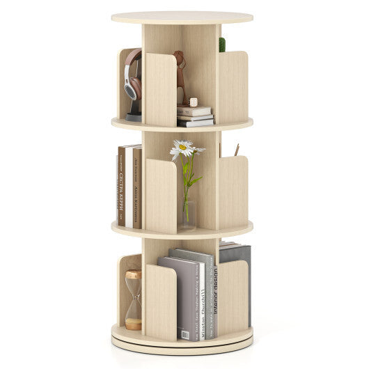 3-Tier Rotating Bookshelf with Dividers and Anti-falling Baffles-Natural W2B