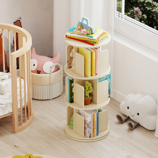 3-Tier Rotating Bookshelf with Dividers and Anti-falling Baffles-Natural W2B