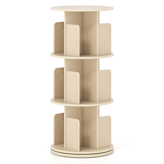 3-Tier Rotating Bookshelf with Dividers and Anti-falling Baffles-Natural W2B