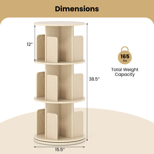3-Tier Rotating Bookshelf with Dividers and Anti-falling Baffles-Natural W2B