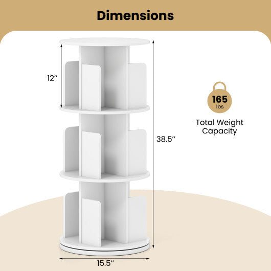 3-Tier Rotating Bookshelf with Dividers and Anti-falling Baffles-Natural W2B