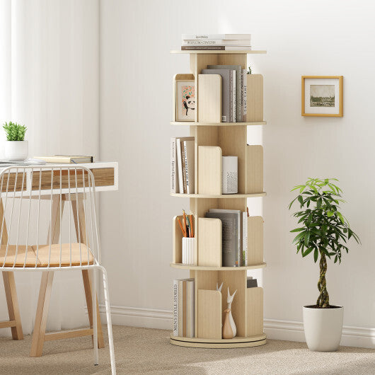 4-Tier Rotating Bookshelf 360 Display Rack with Dividers and Anti-falling Baffles-Natural W2B
