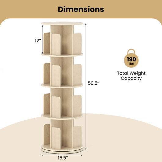 4-Tier Rotating Bookshelf 360 Display Rack with Dividers and Anti-falling Baffles-Natural W2B