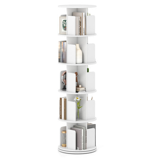 5-Tier Rotating Bookshelf 360 Display Rack with Dividers and Anti-falling Baffles-White