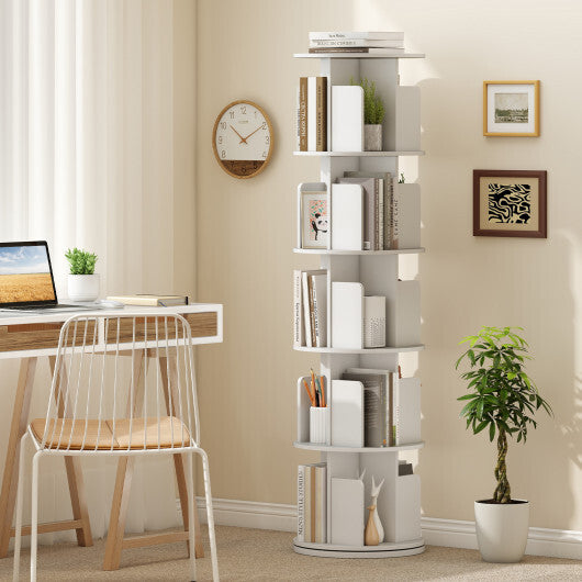 5-Tier Rotating Bookshelf 360 Display Rack with Dividers and Anti-falling Baffles-White