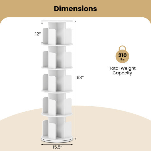 5-Tier Rotating Bookshelf 360 Display Rack with Dividers and Anti-falling Baffles-White
