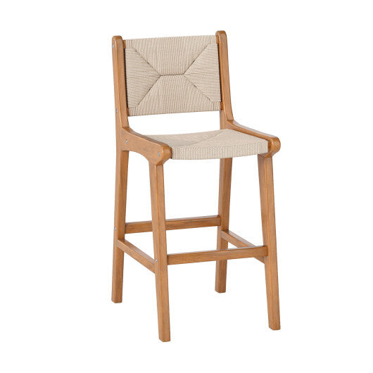 Set of 1 Outdoor Counter Height Bar Stool Woven Paper Rope Patio Barstool with Teak Wood Frame