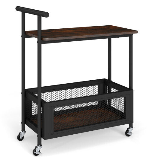 2-Tier Rolling End Table with Handle and Mesh Basket-Rustic Brown