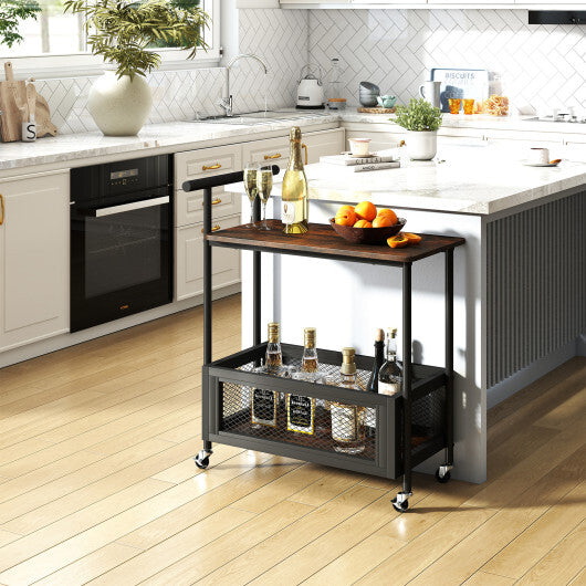 2-Tier Rolling End Table with Handle and Mesh Basket-Rustic Brown W2B